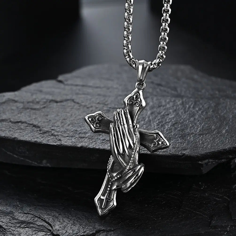 Praying Hands Cross Chain Pendant Necklace steel