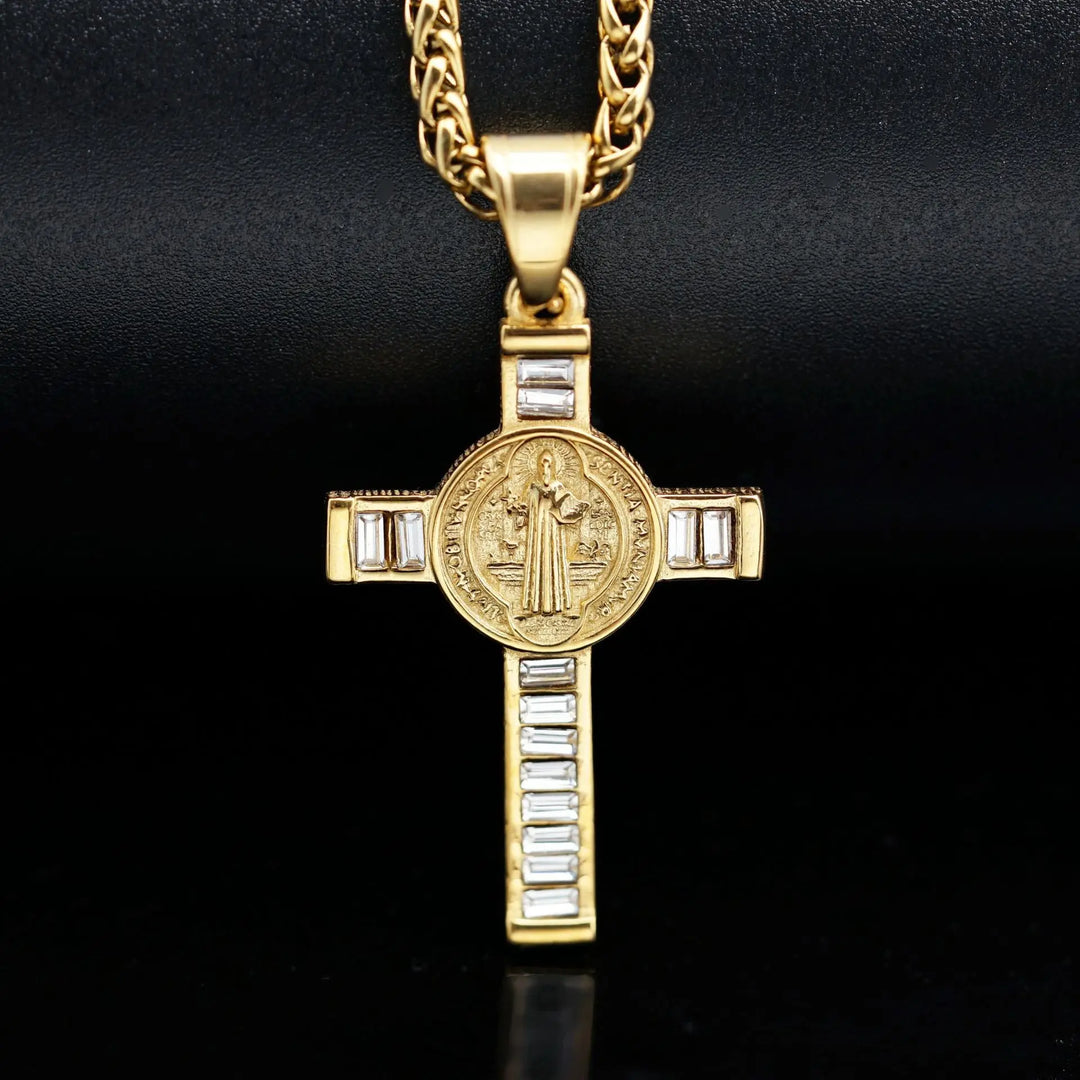 Square Zirconium Cross Chain Pendant Necklace steel/gold