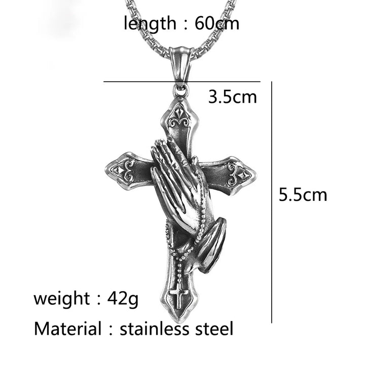 Praying Hands Cross Chain Pendant Necklace steel