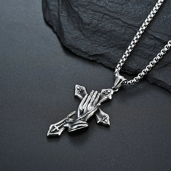 Praying Hands Cross Chain Pendant Necklace steel