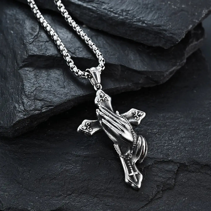 Praying Hands Cross Chain Pendant Necklace steel