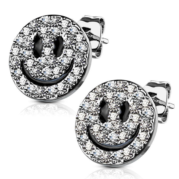 Pair of Gem Paved Smiley Face 316L Surgical Steel Post Earring Studs - Shop-Tetuan