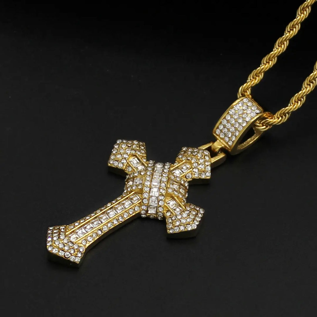 Diamond Cross Chain Pendant Necklace steel/gold