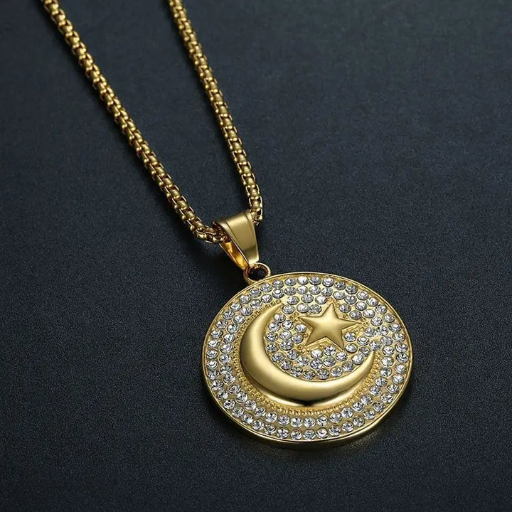 Moon & Star Chain Pendant Necklace steel/gold