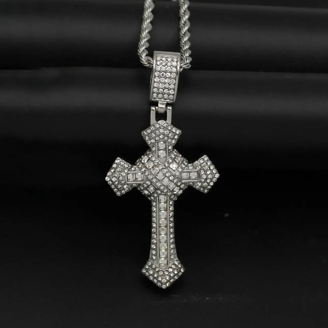 Diamond Cross Chain Pendant Necklace steel