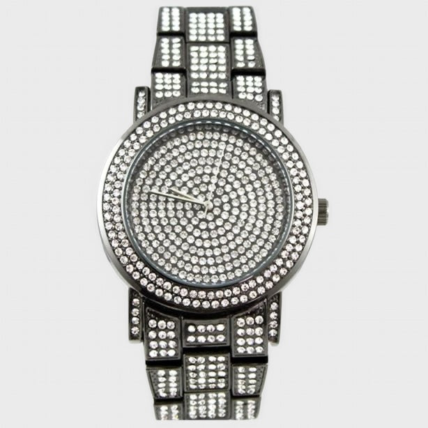 NY London Round Bling Crystals Dial Metal Strap Watch gun black