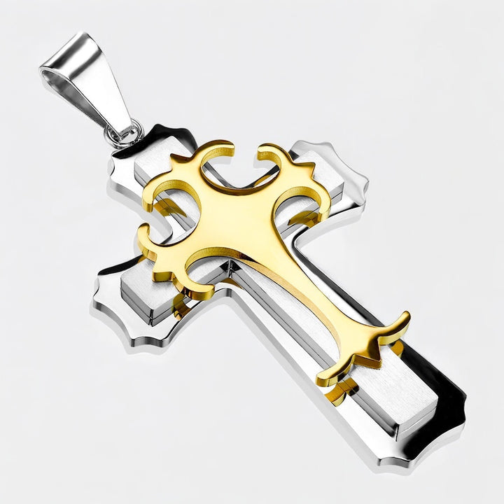 Double Cross w/ Gold Gothic Top Cross Stainless Steel Pendant