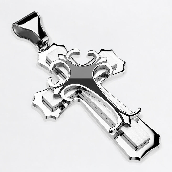 Stainless Steel Double Cross w/ Black Epoxy Gothic Top Cross Pendant