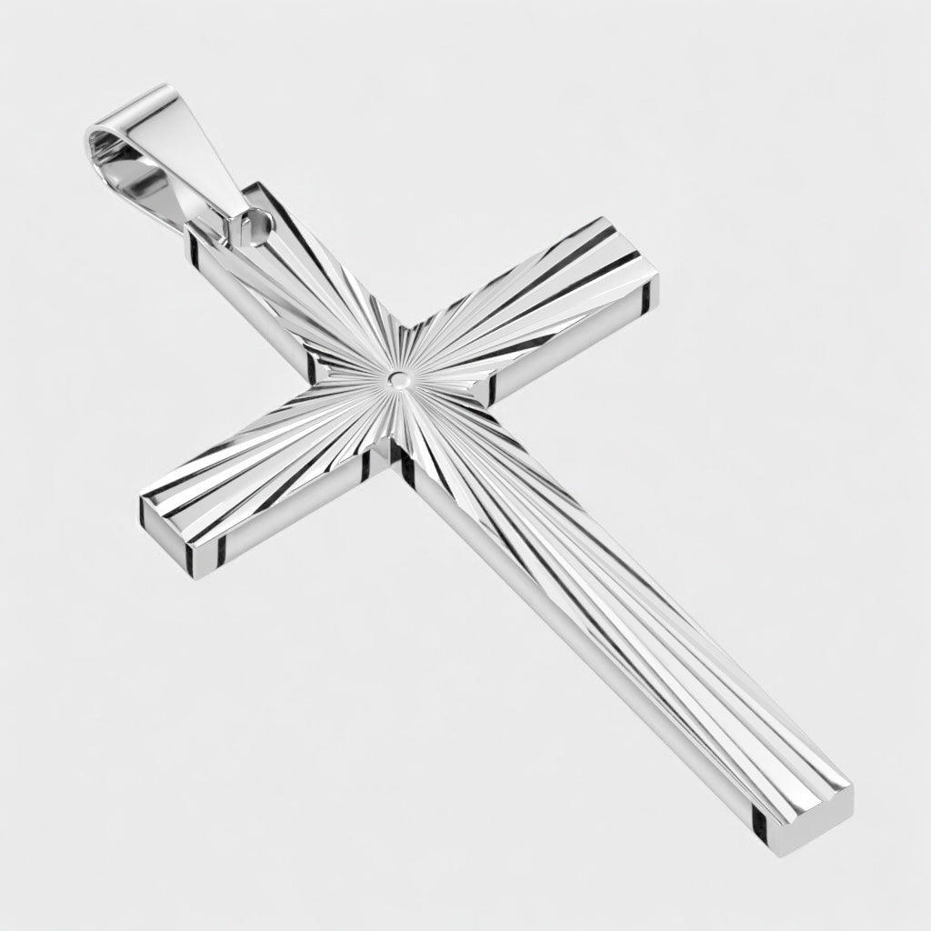 Engraved Starburst Cross Pendant Necklace steel