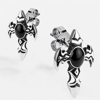 Winged Cross with Onyx Stone Stud Earring 316L Stainless Steel