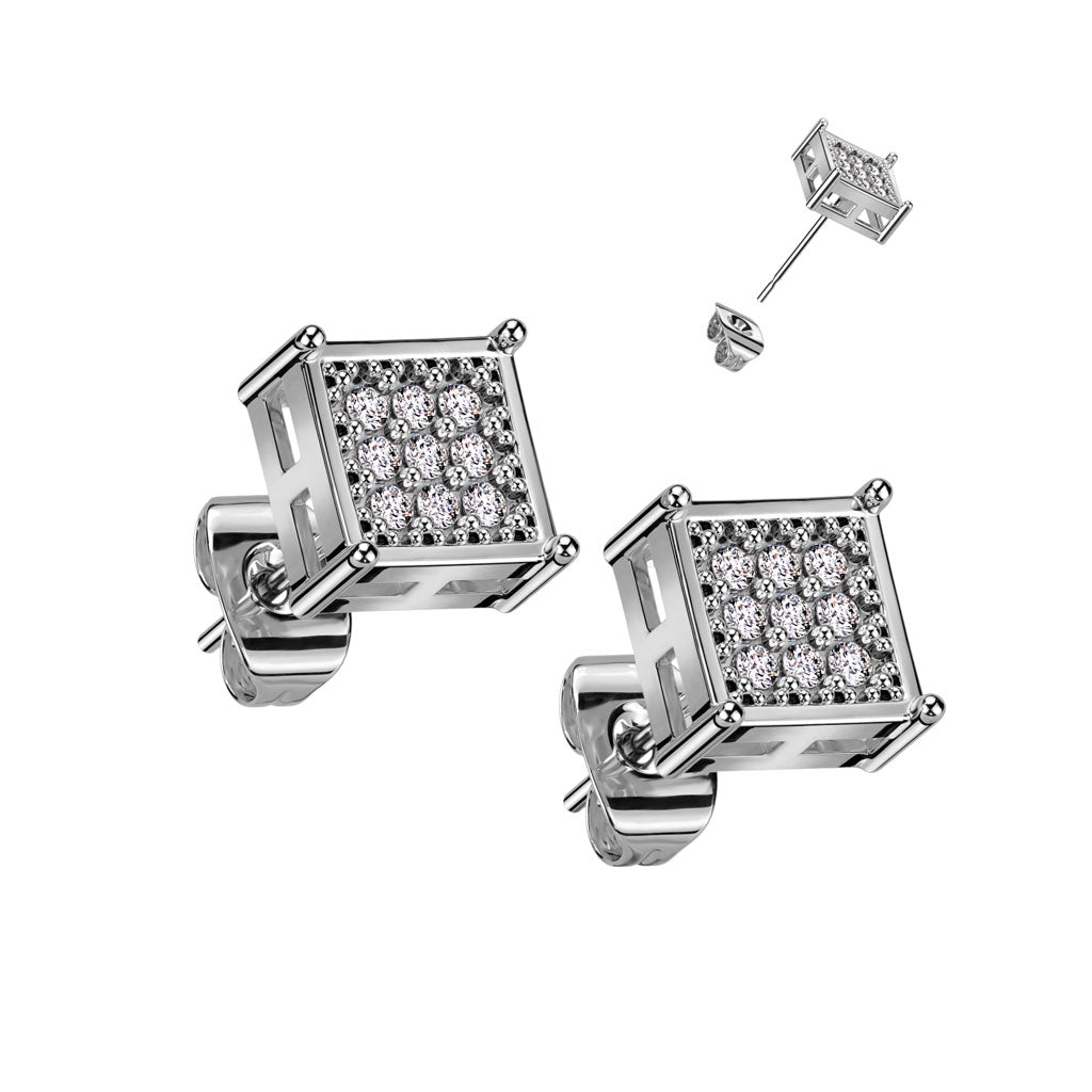 Pair of 316L Surgical Stainless Square Stud Earring With CNC CZ Center Steel - Shop-Tetuan