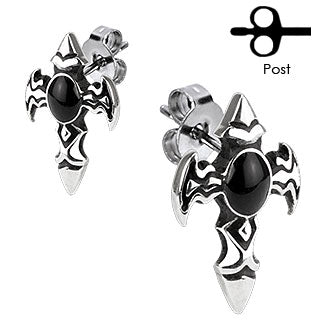 Winged Cross with Onyx Stone Stud Earring 316L Stainless Steel