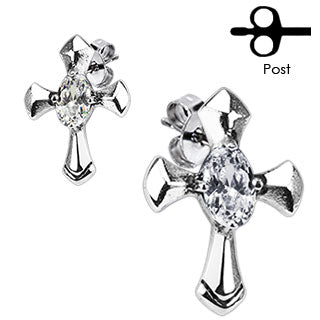 Oval CZ Prong Celtic Cross Stud Earring 316L Stainless Steel - Shop-Tetuan