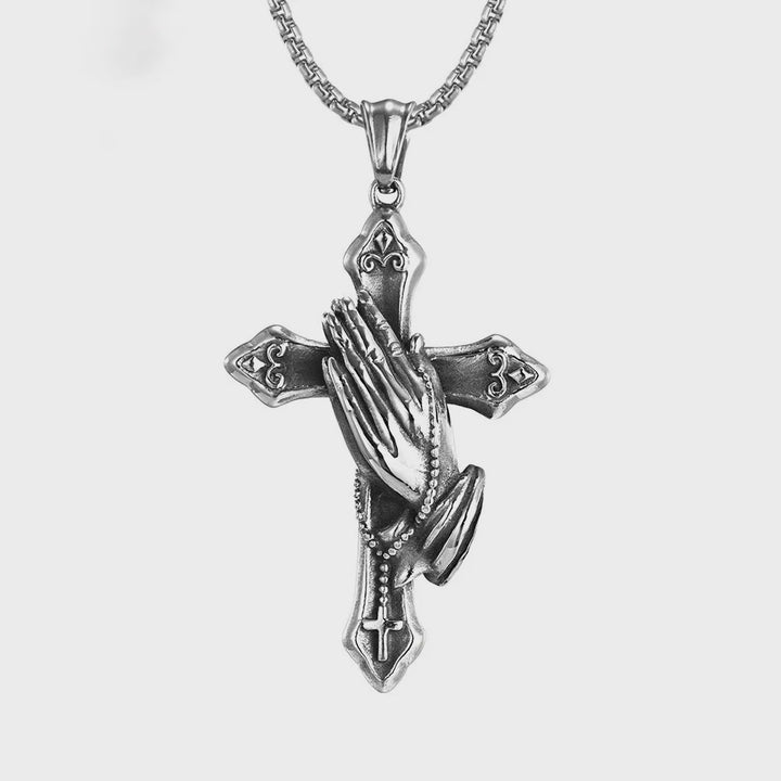 Praying Hands Cross Chain Pendant Necklace steel