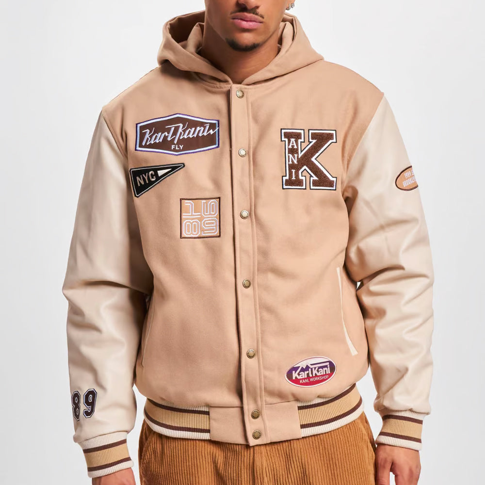 Karl Kani Retro Patch Hooded Block College Jacket sand/off white - Shop-Tetuan