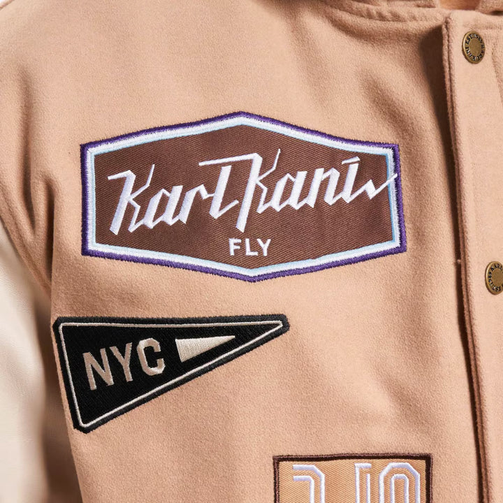 Karl Kani Retro Patch Hooded Block College Jacket sand/off white - Shop-Tetuan