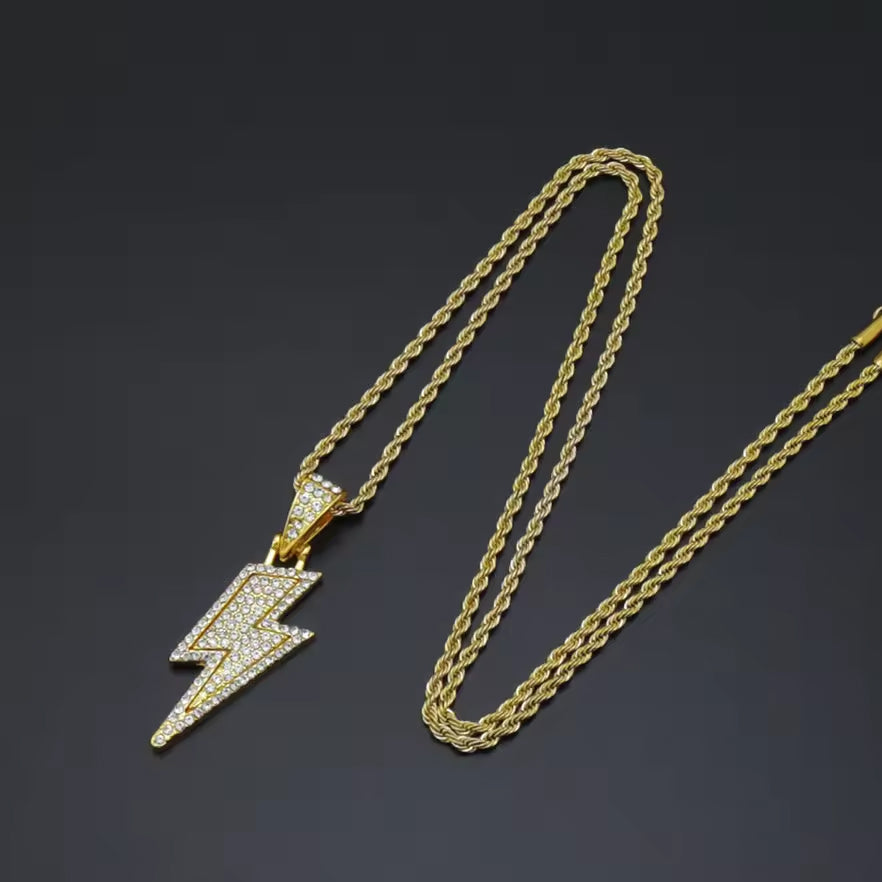 Lightning pendant necklace with rhinestones gold