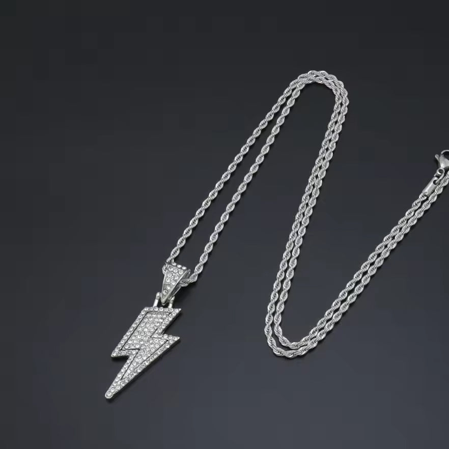 Lightning pendant necklace with rhinestones silver