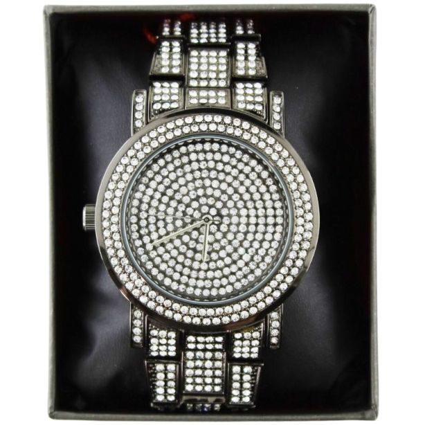 NY London Round Bling Crystals Dial Metal Strap Watch gun black