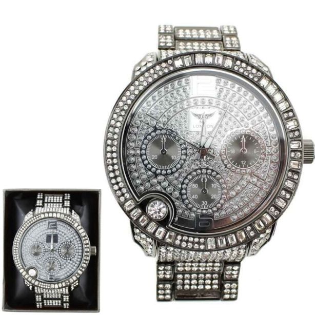 NY London Round Silver Crystals Watch gun