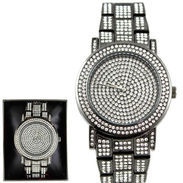 NY London Round Bling Crystals Dial Metal Strap Watch gun black