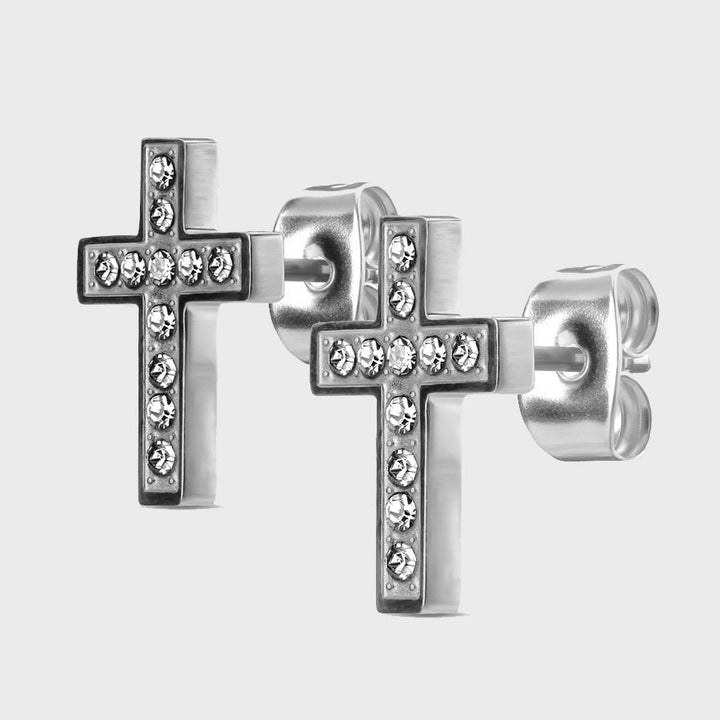 Pair of CZ Paved Cross Stud Earrings steel - Shop-Tetuan