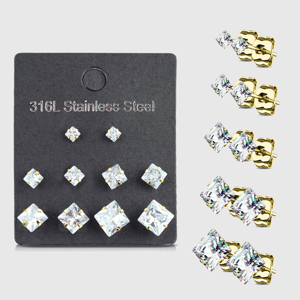 5 Pairs of Assorted Sizes Prong Set Square CZ Stud Earrings Pack gold/clear - Shop-Tetuan