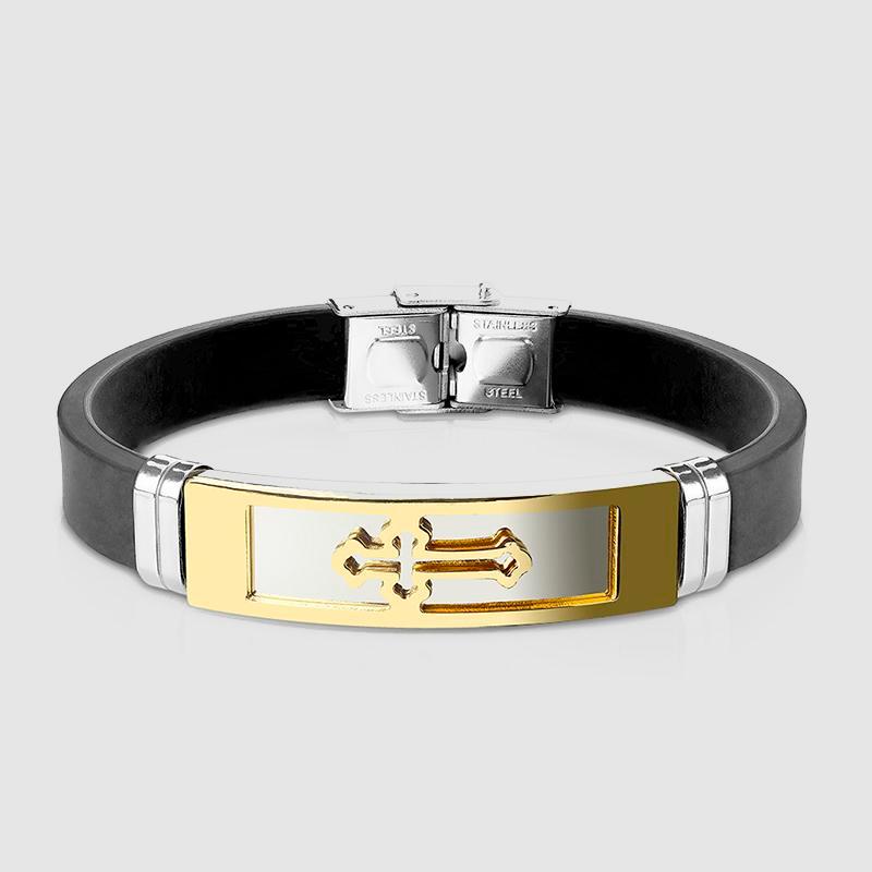 Cross Embossed Steel Plate With Silicon Rubber Strap Bracelet gold - Shop-Tetuan