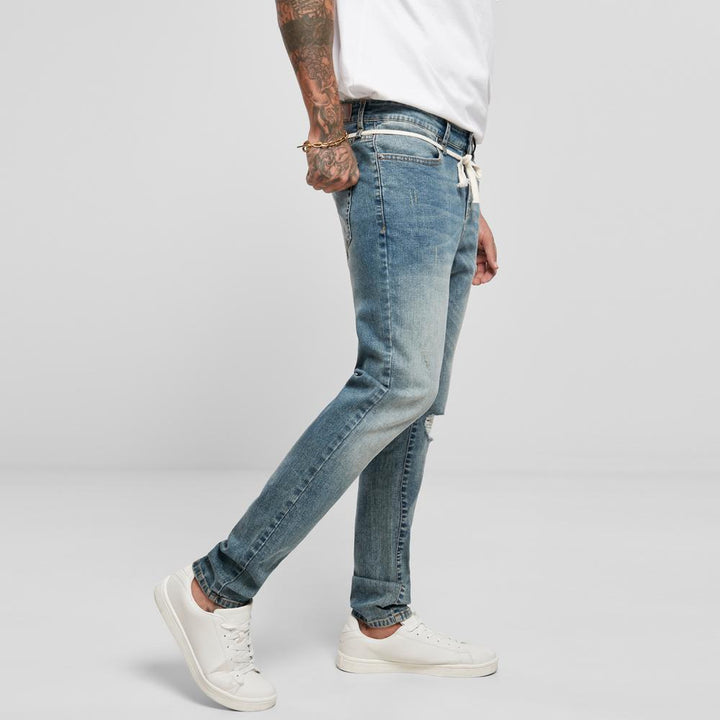 Urban Classics Slim Fit Drawstring Jeans mid heavy destroyed washed - Shop-Tetuan