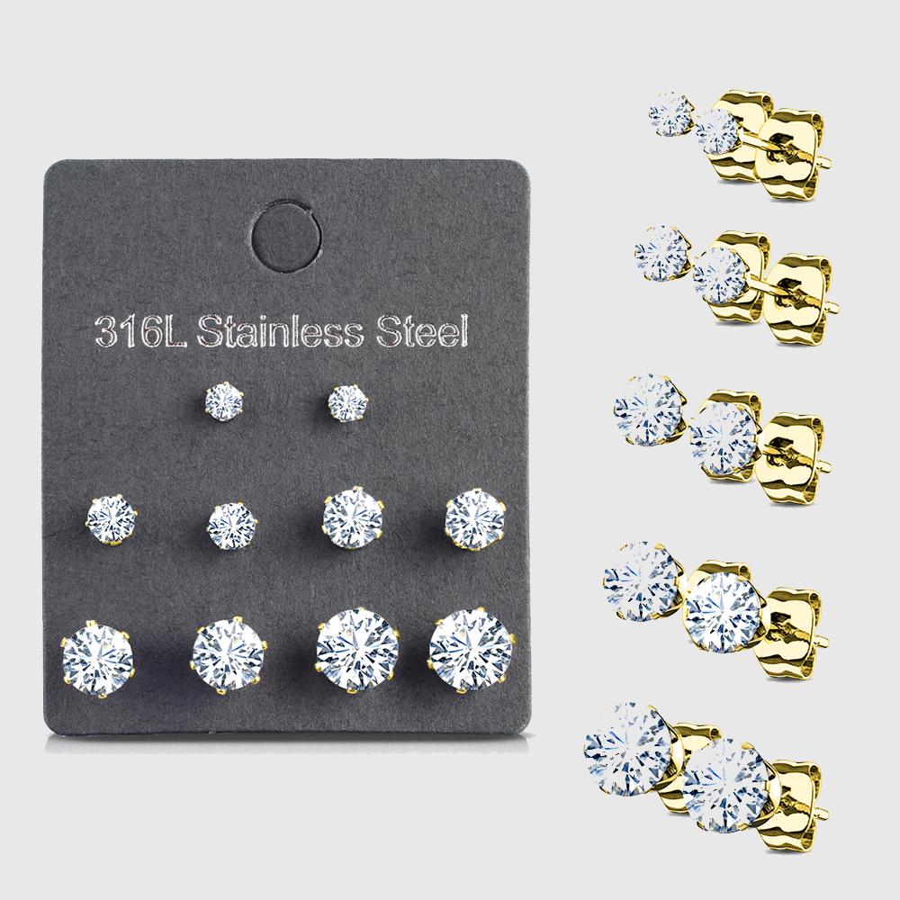 5 Pairs of Assorted Sizes Prong Set Round CZ Stud Earrings Pack gold/clear - Shop-Tetuan