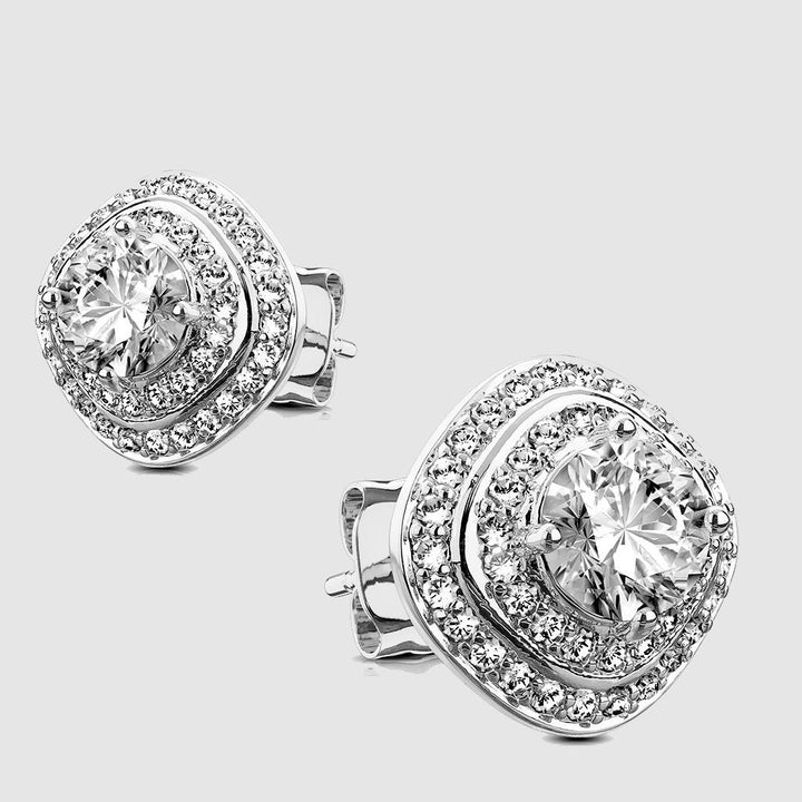 Pair of .925 Sterling Silver CZ Paved Triple Tier Square Stud Earrings clear - Shop-Tetuan