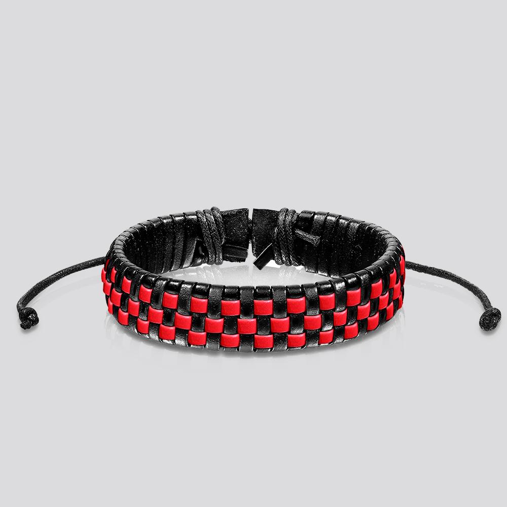 Checker Weaved Layers Leather Bracelet with Drawstrings blk/red - Shop-Tetuan