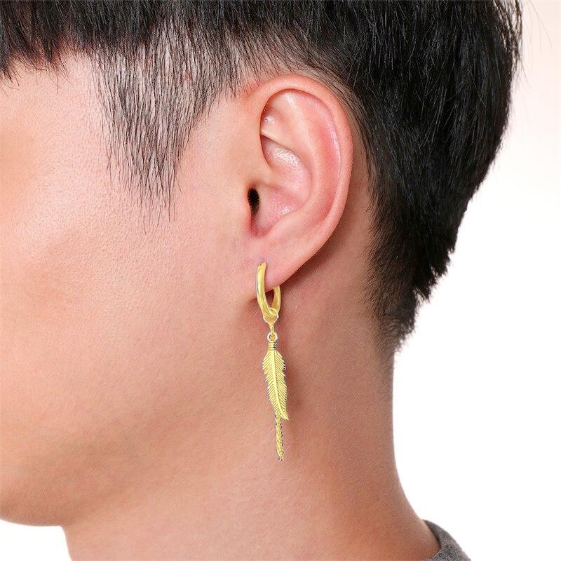 Tribal Feather Chain Round Clicker Hoop Earring Stainless Steel gold - Shop-Tetuan