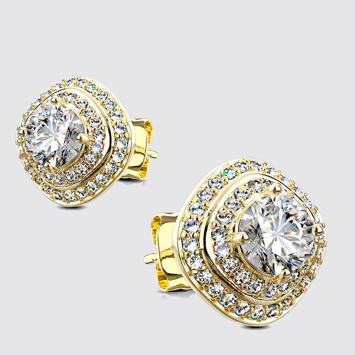 Pair of .925 Sterling Silver CZ Paved Triple Tier Square Stud Earrings gold/clear - Shop-Tetuan