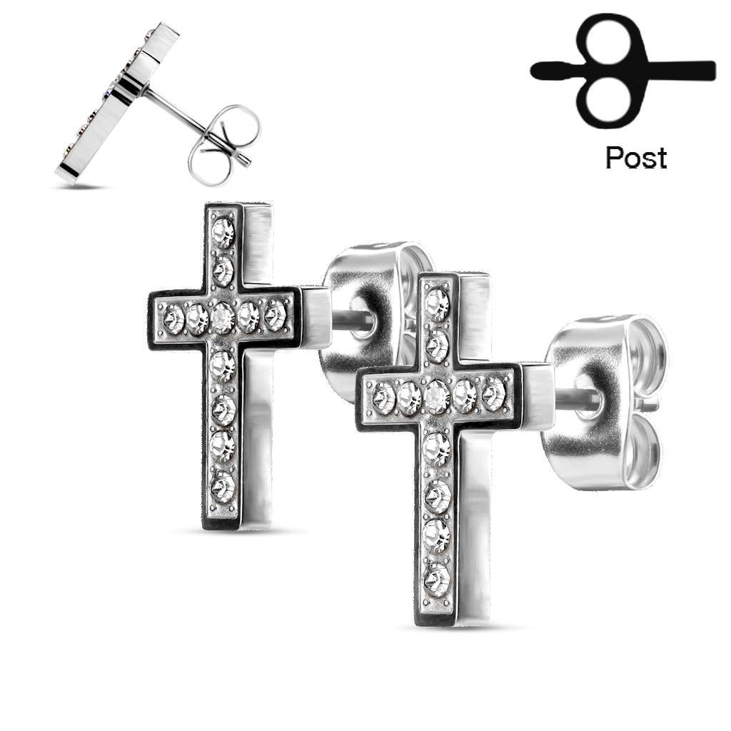 Pair of CZ Paved Cross Stud Earrings steel - Shop-Tetuan